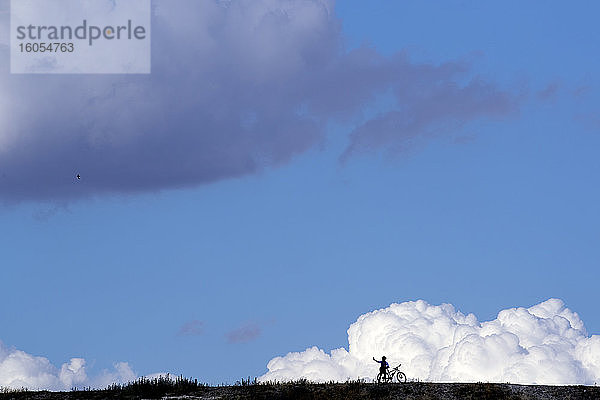 Silhouette Radfahrer stehend Feld gegen bewölkten blauen Himmel