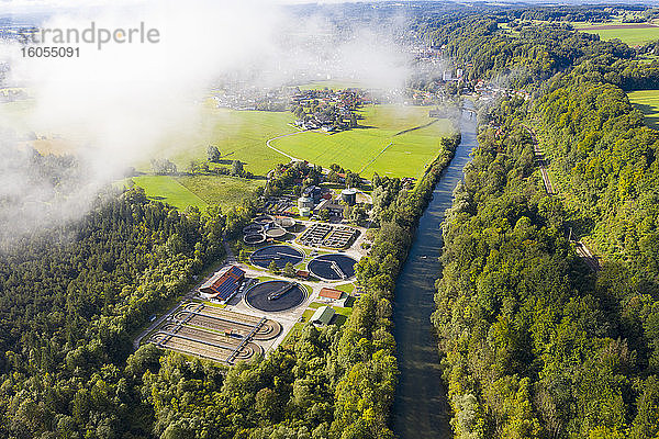 Deutschland  Bayern  Wolfratshausen  Drone view of countryside sewage treatment plant
