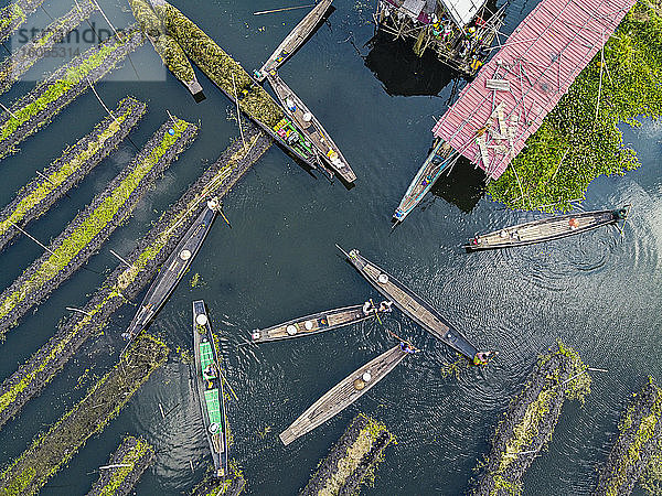 Myanmar  Staat Shan  Gemeinde Nyaungshwe  Luftaufnahme von Ruderbooten und schwimmenden Gärten auf dem Inle-See