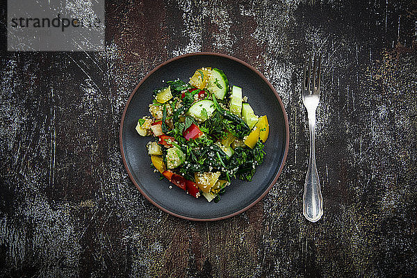 Teller mit warmem veganen Salat mit Quinoa  Spinat  Paprika  Tomaten  Gurken  Minze und Petersilie