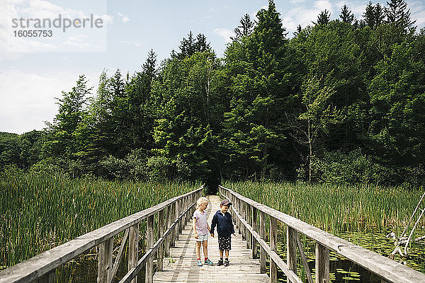 Bruder und Schwester halten sich an den Händen  während sie auf einem Holzsteg über einen Sumpf stehen