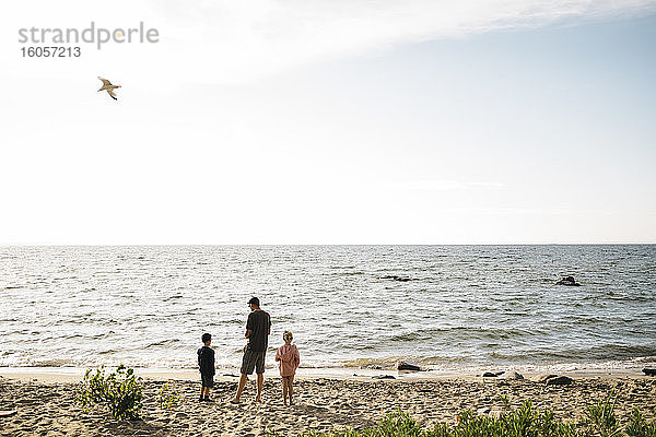 Familie genießt am Strand gegen den Himmel