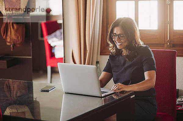 Lächelnde schöne Geschäftsfrau  die zu Hause arbeitet und einen Laptop im Wohnzimmer benutzt