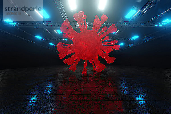 Dreidimensionale Darstellung einer riesigen Coronaviruszelle in einem dunklen Lagerhaus