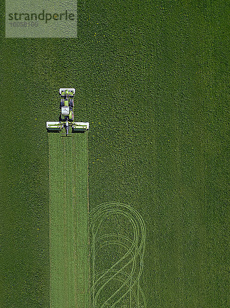 Russland  Oblast Moskau  Luftaufnahme eines Traktors beim Mähen einer Wiese