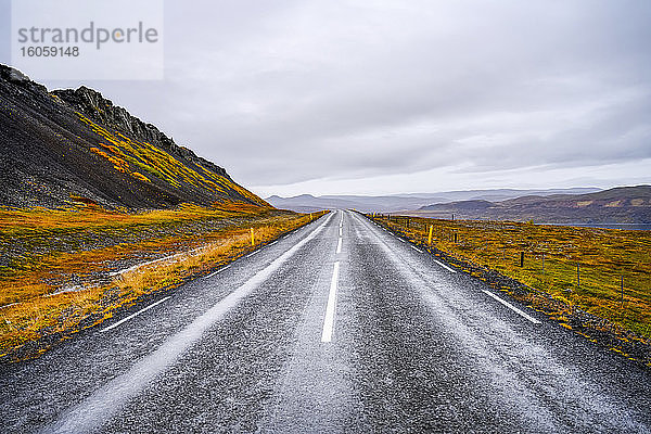 Eine Straße führt in die Ferne  gesäumt von herbstlich gefärbter Tundra; Reykolahreppur  Westfjorde  Island