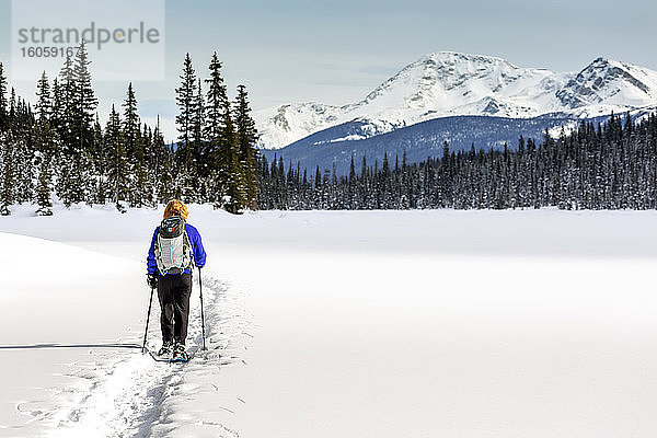 Schneeschuhwanderung einer Frau auf einem schneebedeckten See  eingerahmt von schneebedeckten Bäumen und schneebedeckten Bergen im Hintergrund  Banff National Park; Lake Louise  Alberta  Kanada