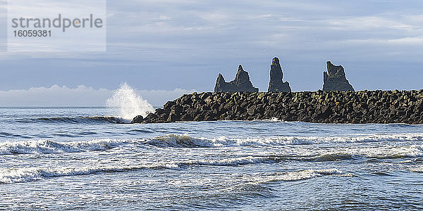 Gespitzte Felsformationen entlang der Küstenlinie bei der Stadt Vik i Myrdal; Myrdalshreppur  Südliche Region  Island