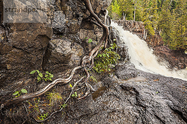 Ein Fluss fließt nach einem Regensturm mit nassen Felsen und Baumwurzeln im Vordergrund  in der Nähe von Grand Portage; Minnesota  Vereinigte Staaten von Amerika