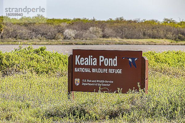 Kealia Pond National Wildlife Refuge Schild  das auf die zuständigen Regierungsbehörden hinweist. Dieses Schutzgebiet befindet sich in der Nähe von Kihei  Maui; Maui  Hawaii  Vereinigte Staaten von Amerika