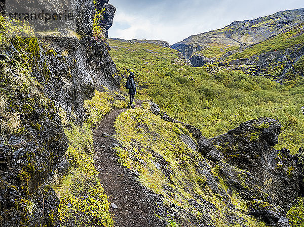 Eine Frau beim Wandern am Glymur-Wanderweg. Glymur ist der zweithöchste Wasserfall in Island mit einer Kaskade von 198 Metern; Hvalfjardarsveit  Hauptstadtregion  Island