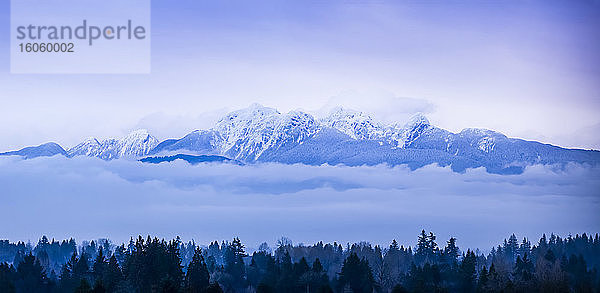 Blick auf schneebedeckte Berge und niedrige Wolken über einem Wald  gesehen von Surrey  BC; Surrey  British Columbia  Kanada