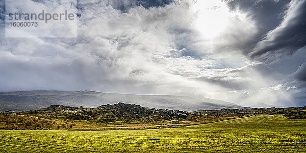 Grünes Feld und Sonnenlicht  das durch die Wolken in Ostisland filtert; Fljotsdalsherao  östliche Region  Island