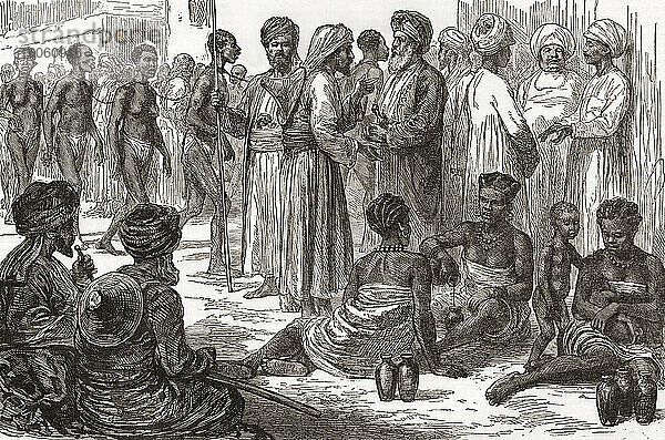 Sklavenhändler und Sklaven in Sansibar  dem heutigen Tansania. Nach einem Werk eines nicht identifizierten Künstlers in der Ausgabe von The Graphic vom 3. Mai 1873