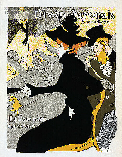 Diwan Japonais. Plakat  datiert ca. 1893-1894 vom französischen Künstler Henri de Toulouse-Lautrec  1864-1901. Das Plakat wurde als Werbung für den Divan Japonais  einen Pariser Café-Cantant (singendes Café)  entworfen. Auf dem Bild sehen die Tänzerin Jane Avril und der Autor Edouard Dujardin eine Aufführung von Yvette Guilbert.