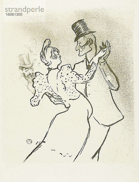 La Goulue und Valentin la Desossee. Plakat von Henri de Toulouse-Lautrec. Henri de Toulouse-Lautrec  französischer Künstler  1864-1901. La Goulue war der Künstlername der Moulin-Rouge-Tänzerin Louise Weber. Valentin la Desossee war der Künstlername von Jaques Renaudin  von dem man annimmt  dass er tagsüber eine Vollzeitbeschäftigung ausübte  aber nachts im Moulin Rouge tanzte.