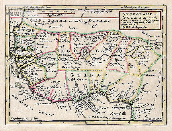 Negerland und Guinea  mit den europäischen Siedlungen  wobei erklärt wird  was zu England  Holland  Dänemark usw. gehört. Von H. Moll  Geograph. Aus einem Atlas  gedruckt und verkauft von T. Bowles  London um 1735. Die Karte deckt einige der wichtigsten Sklavengebiete im äquatorialen Afrika ab.