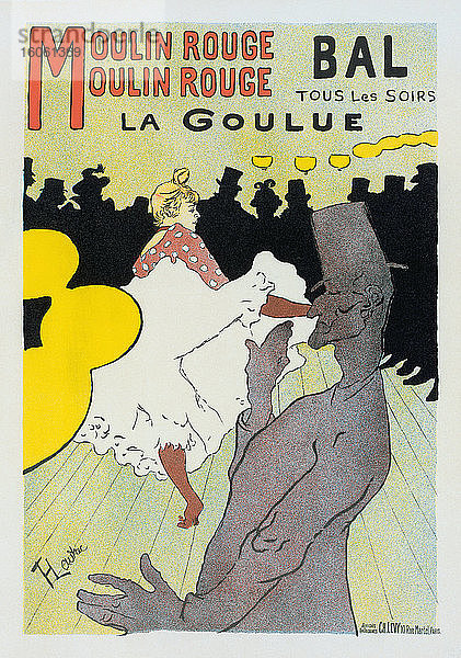 La Goulue und Valentin la Desossee beim Tanzen im Moulin Rouge. Plakat von Henri de Toulouse-Lautrec aus dem Jahr 1891. Henri de Toulouse-Lautrec  französischer Künstler  1864-1901. La Goulue war der Künstlername der Moulin-Rouge-Tänzerin Louise Weber. Valentin la Desossee war der Künstlername von Jaques Renaudin  von dem man annimmt  dass er tagsüber eine Vollzeitbeschäftigung ausübte  aber nachts im Moulin Rouge tanzte.