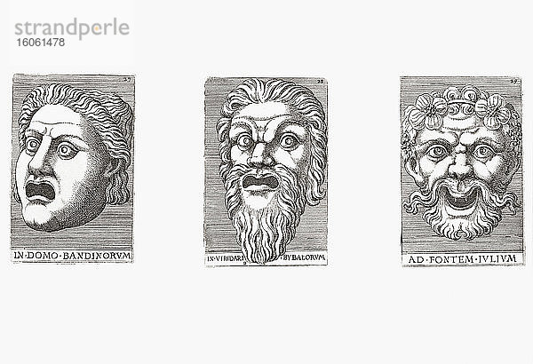 Drei groteske Masken des italienischen Künstlers Adamo Scultori  1530 - 1585  nach seinem italienischen Landsmann Giulio Romano  1499 - 1546.