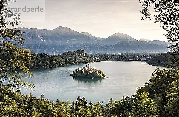 Bleder See mit Insel Blejski Otok mit Marienkirche  dahinter Karawanken  Bled  Slowenien  Europa