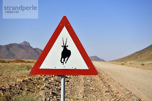 Straßenschild warnt vor kreuzenden Oryx Antilopen  Namibia  Afrika