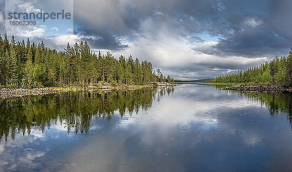 Nordischer Wald spiegelt sich in einem See  Gällivare  Norrbottens län  Schweden  Europa