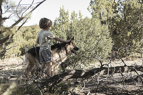 4-jähriger Junge wandert in der ländlichen Landschaft Lamy NM.