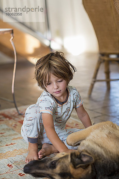 4 Jahre alter Junge spielt mit seinem Deutschen Schäferhund