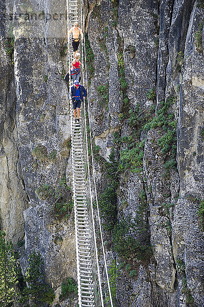 Europa  Italien  Piemont  Claviere  tibetische Brücke der Gorgias von s. Gervasio. Es ist die längste tibetische Brücke der Welt (544 Meter).