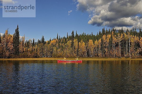 Paar paddelt mit Kanu im See  Yukon Territory  Kanada  Nordamerika