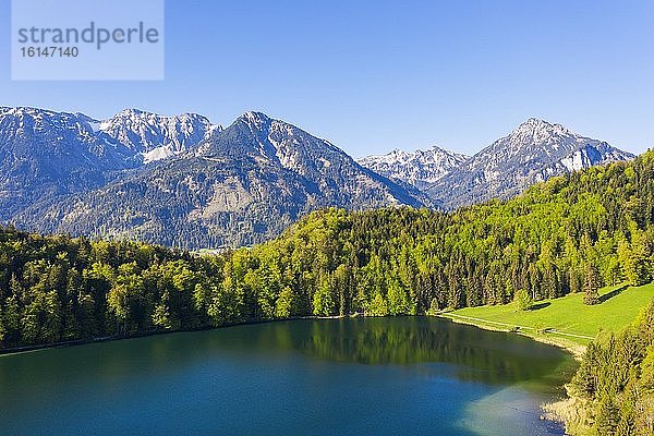 Alatsee  bei Füssen  Vilser Kegel in Tannheimer Berge  Drohnenaufnahme  Ostallgäu  Allgäu  Schwaben  Bayern  Deutschland  Europa