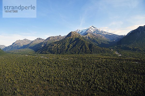 Breites bewaldetes Tal mit Berggipfeln  Lake Clark Nationalpark  Alaska  USA  Nordamerika