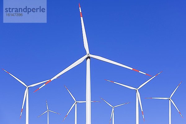 Windpark  Windkrafträder vor blauem Himmel  Schwäbische Alb  Baden-Württemberg  Deutschland  Europa