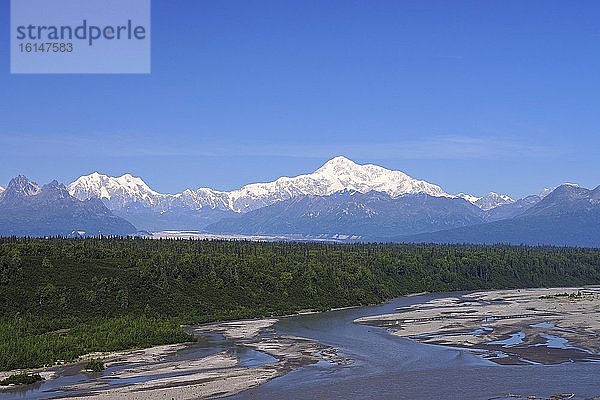 Ausblick über Chulitna Fluss auf Berg Denali  Alaska  USA  Nordamerika