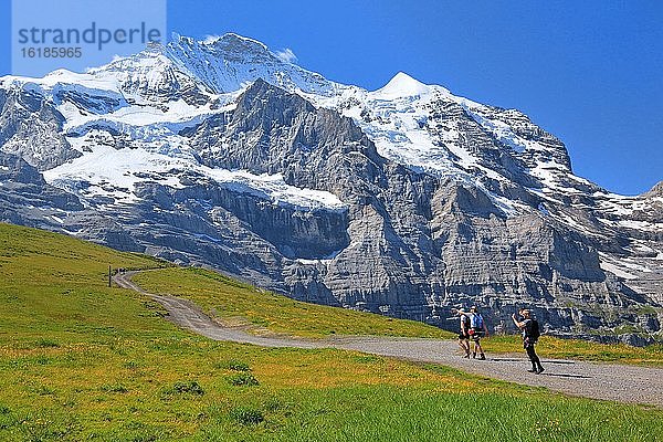 Bergwanderer auf der Kleinen Scheidegg vor dem Jungfrau-Massif  UNESCO-Weltnaturerbe  Wengen  Jungfrau-Region  Berner Alpen  Berner Oberland  Kanton Bern  Schweiz  Europa