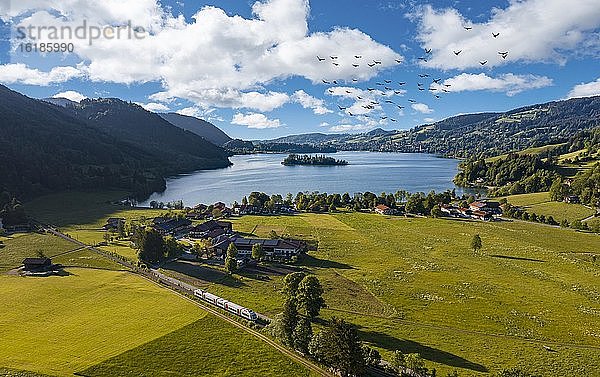 Luftaufnahme  Blick über den Schliersee mit Vogelschwarm und Zug  Fischhausen  Oberbayern  Bayern  Deutschland  Europa