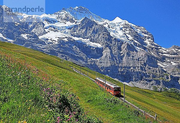Jungfraubahn bei der Kleinen Scheidegg vor dem Jungfrau-Massif  UNESCO-Weltnaturerbe  Wengen  Jungfrau-Region  Berner Alpen  Berner Oberland  Kanton Bern  Schweiz  Europa