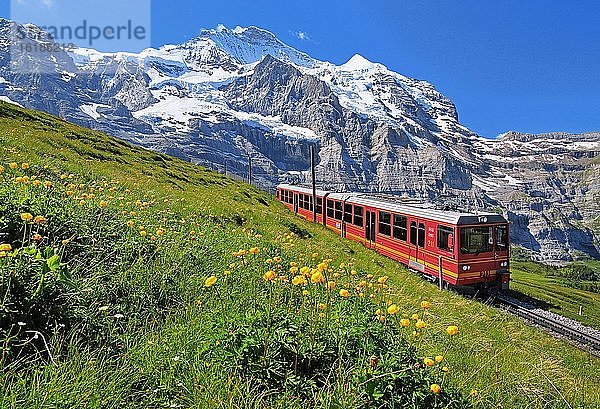 Jungfraubahn bei der Kleinen Scheidegg vor dem Jungfrau-Massif  UNESCO-Weltnaturerbe  Wengen  Jungfrau-Region  Berner Alpen  Berner Oberland  Kanton Bern  Schweiz  Europa