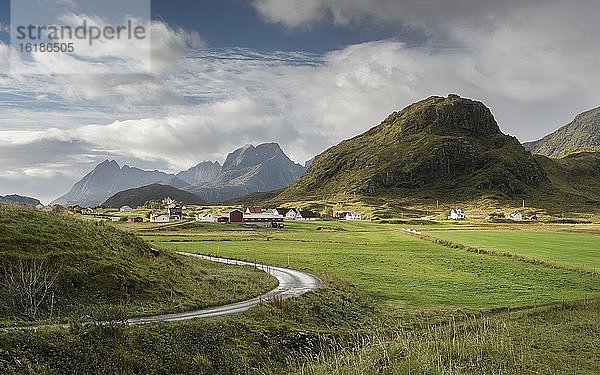Farm Häuser und grüne landwirtschaftliche Flächen  hinten Lofotenberge  Fredvang  Lofoten  Nordland  Norwegen  Europa
