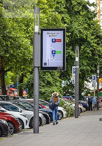 Smart Poles  intelligente Straßenlaternen  das Display zeigt freie Parkplätze in den Parkzonen  gemeinsames Pilotprojekt von EON und der Stadt  Essen  Ruhrgebiet  Nordrhein-Westfalen  Deutschland  Europa