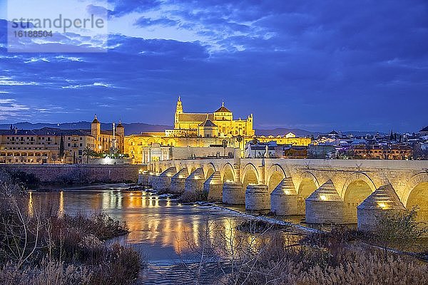 Beleuchtete Puente Romano  Römische Brücke über Rio Guadalquivir  hinten Mezquita  Catedral de Córdoba  blaue Stunde  Cordoba  Andalusien  Spanien  Europa