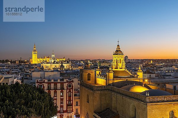 Ausblick von Metropol Parasol über die Stadt  beleuchtete Kathedrale von Sevilla mit Turm La Giralda  blaue Stunde  Sevilla  Andalusien  Spanien  Europa