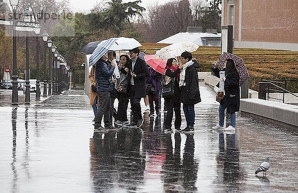 Japanische Touristen mit Regenschirmen verlassen das Prado Museum  Madrid  Spanien  Europa