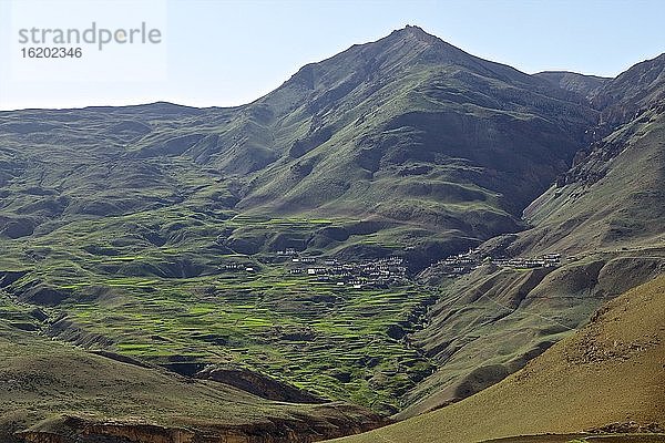 Bergdorf auf der gegenüberliegenden Talseite von Kibber  Himachal Pradesh  Indien  Asien