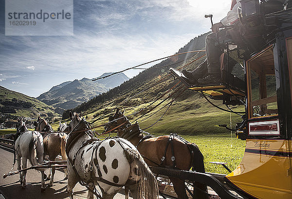 Pferde und Kutsche auf der alten Straße zum Gotthardpass  Schweiz