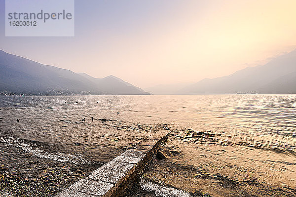 Pier in der Abenddämmerung  Lago Maggiore  Ascona  Tessin  Schweiz