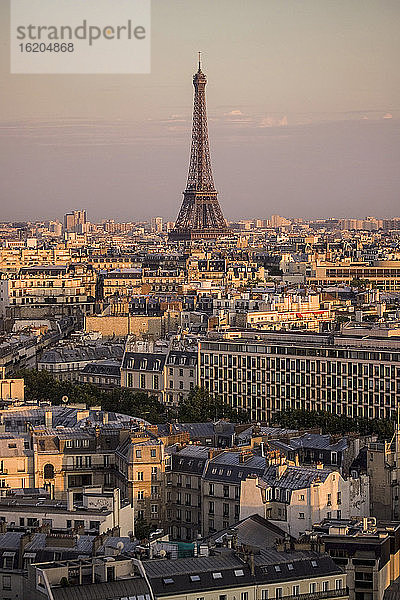 Erhöhte Stadtlandschaft mit Dächern und Eiffelturm  Paris  Frankreich