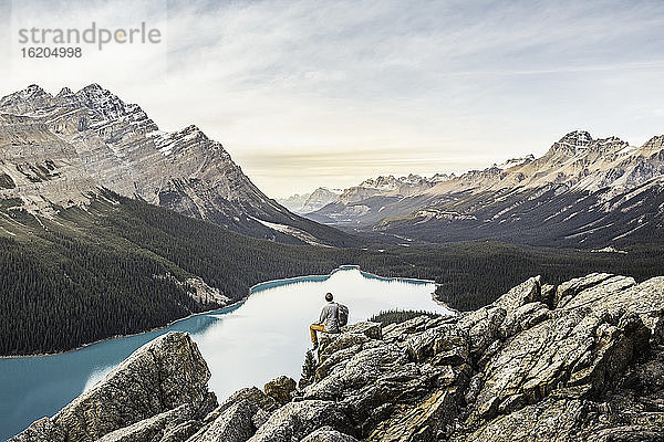 Mann sitzend  mit Blick auf die Aussicht  Aussichtspunkt mit Blick auf den Peyto Lake  Lake Louise  Alberta  Kanada