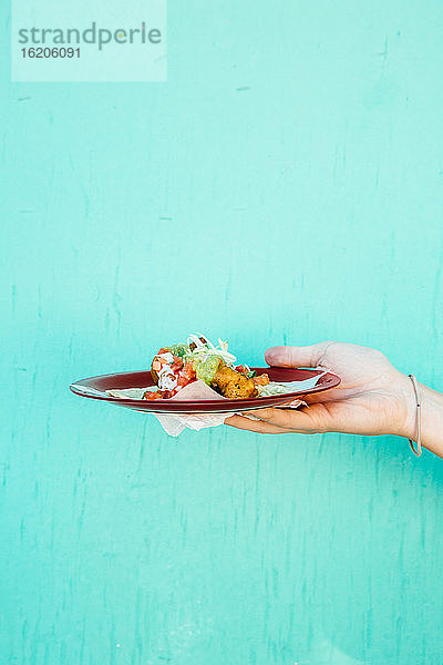 Hand hält Teller mit frischem Fisch-Taco  Ensenada  Baja California  Mexiko