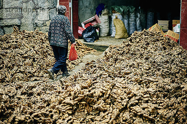 Stapel von Ingwer vor einem Gebäude  Fenghuang  Hunan  China